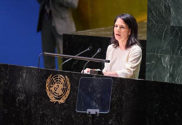 Annalena Baerbock hovorí na Valnom zhromaždení Organizácie Spojených národov v New Yorku.